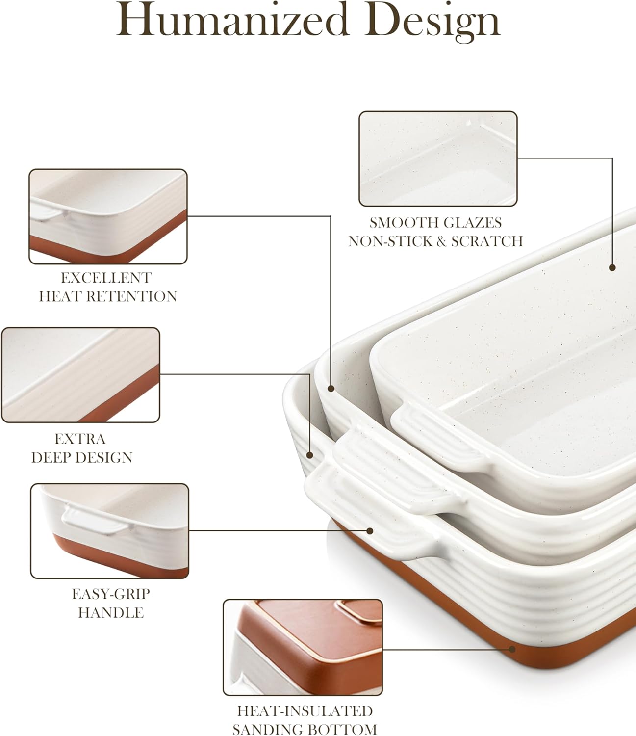 MALACASA Casserole Dishes for Oven, Ceramic Baking Dishes Set of 3, Baking Pan Casserole Dish Set, Rectangular Lasagna Pan Deep with Handles for Baking, Khaki White (14.5''/13''/10.5''), Series TARA
