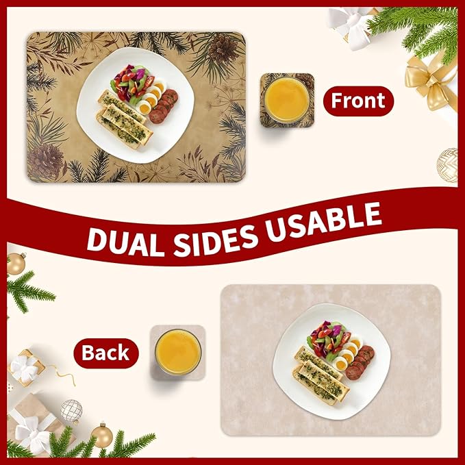 Le courant 16.9in 6PACK Christmas Pinecone Placemats with 6 Coasters, Reversible Faux Leather Easy Clean Waterproof Stain Resistant Place Mats, for Home Party Dining Holiday Table Decor