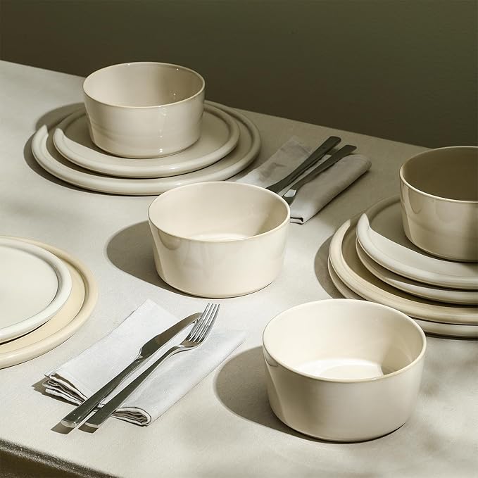 Stone Lain Eden 12-Piece Dinnerware Set Stoneware, Plates and Bowls Set, Dishwasher and Microwave Safe Dish, Dish Set for 4, Beige
