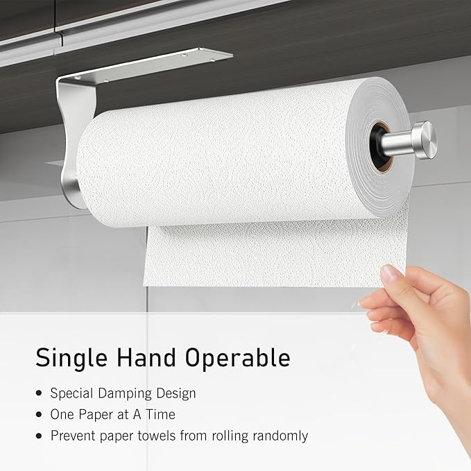 SetSail Paper Towel Holder Under Cabinet Single Hand Operable with Adjustable Damper Easy Tear Paper Towel Holder Wall Mount for Kitchen Bathroom, Adhesive or Screw, Silver