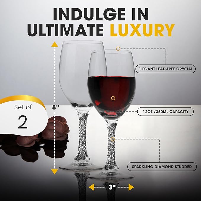 Premium Wine Glasses Set of 2 - Crystal Long Stem Wine Glass with Silver Rhinestone Stem Design - 12 oz