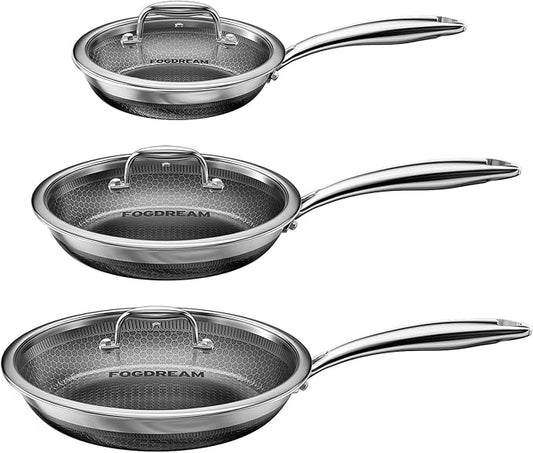 Fogdream 6PCS Pots and Pans Set Non Stick, Stainless Steel Pan with Lid, Dishwasher and Oven-Safe Frying Pan, PFOA Free and Induction Compatible Cookware Set, Silver