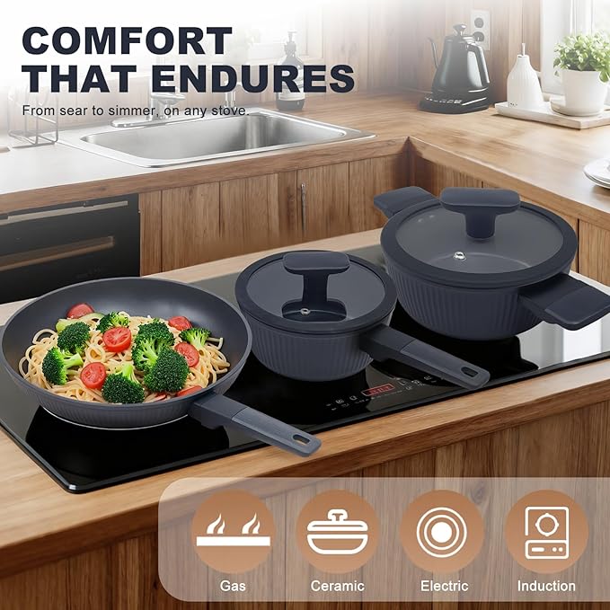 Non-Toxic Ceramic Cookware Set, 3-Piece Black Pots and Pans Set Non Stick, PFOA & PTFE Free, For All Stovetops Induction, Dishwasher Safe with Stay-Cool Handles