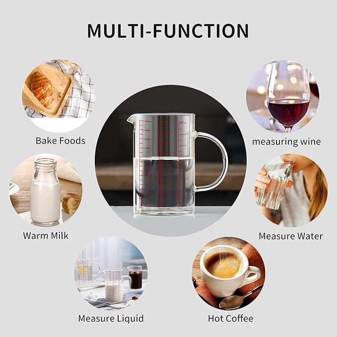 Luvan 34OZ/1000ML Glass Measuring Cup, 4 Cup Glass Measuring Cups With 3 Scales (Ml/Oz/Cup), High Borosilicate Measuring Cup With Handle and V-Shaped Spout, Dishwasher/Freezer/Microwave Safe