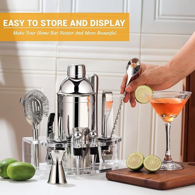 Bartender Kit Cocktail Shaker Set, Stainless Steel Cocktail Kit with 12 Piece Bar Accessories, 25oz Shaker Bar Set Drink Mixer Set with Stand Jigger Strainer Spoon Muddler for Cocktails (Silver)