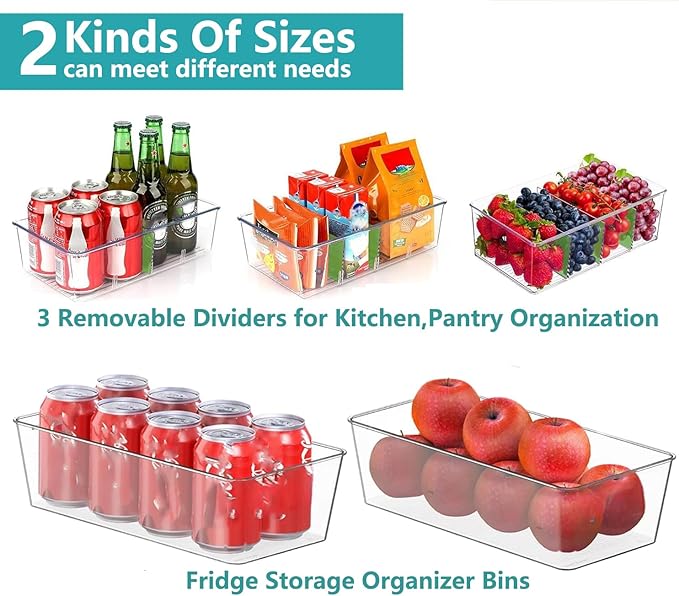 Set of 4 Clear Fridge Organizer Bins,2 Pack Stackable Refrigerator Organizer And 2 Pack Pantry Organizers and Storage with 3 Dividers,BPA-Free Spice Organization for Kitchen Cabinet