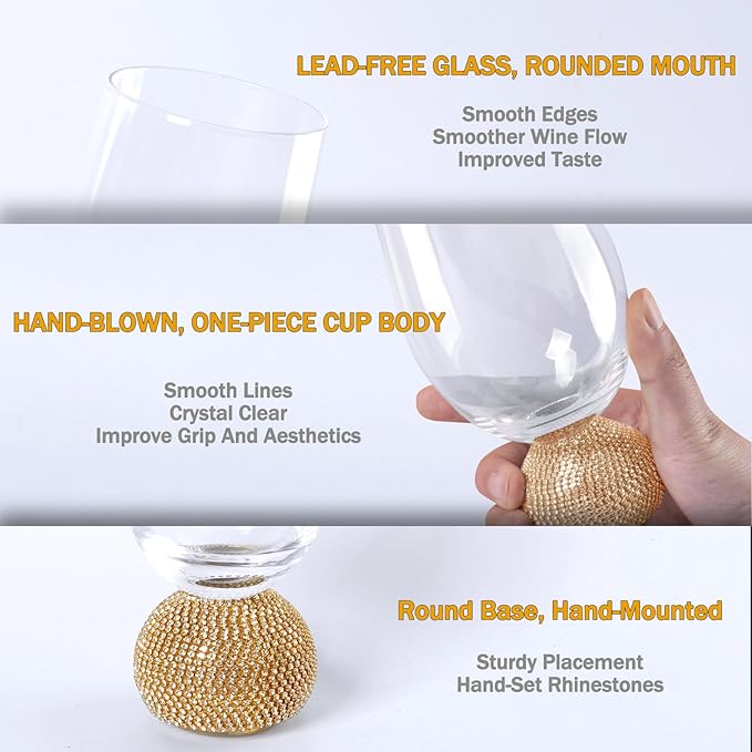 Wine Glasses Set of 4,Stemless Wine Glass,Unbreakable Crystal Fancy Glasses,15 Oz Short Handle Red/White Glasses,Unique Wine Gifts for Women,for Home Bar, Party, Birthday (Gold Clear)