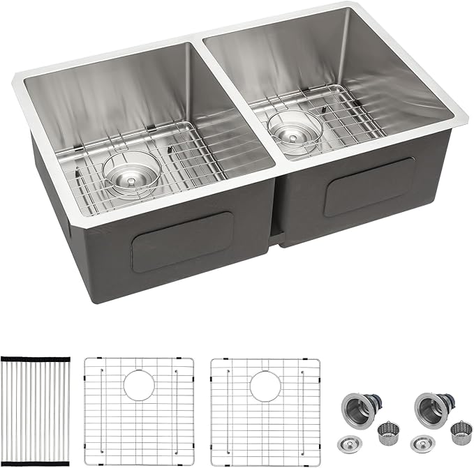 Mocoloo 33 Inch Kitchen Sink Double Bowl 16 Gauge 33 x 19 Stainless Steel Undermount Double Sink 50/50 Two Equal Compartment Under Counter Handmade, 10'' Deep Basin