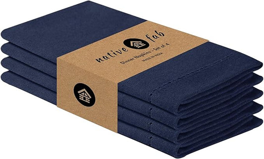 Native Fab Cloth Napkins Set of 4, 100% Cotton, Hemstitch Mitered Edges, Washable Fabric Napkins, 18x18 inch, Soft, Breathable, Reusable Hotel Quality Napkins for Events, Party, Wedding - Navy Blue