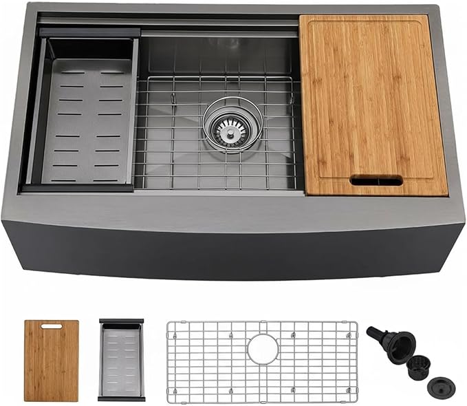33 inch Black Farmhouse Sink, 16 Gauge Double Ledges Stainless Steel Farmhouse Kitchen Workstation, Apron Front Deep Single Bowl Kitchen Farm Farmer Style Sinks 33"x20"x9