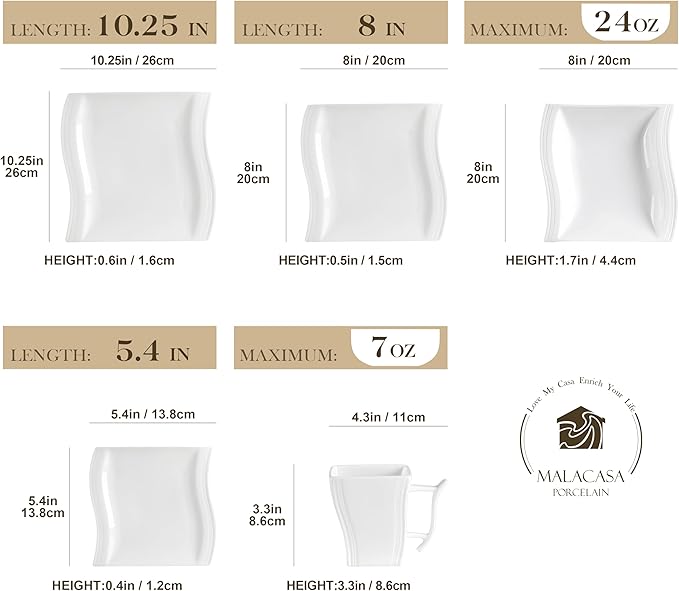MALACASA Ivory White Dinnerware Sets, 30-Piece Porcelain Plates and Bowls Sets, Modern Dish Set for 6, Square Plates Dinnerware Set Kitchen Dishware Sets, Microwave and Dishwasher Safe, Series Flora