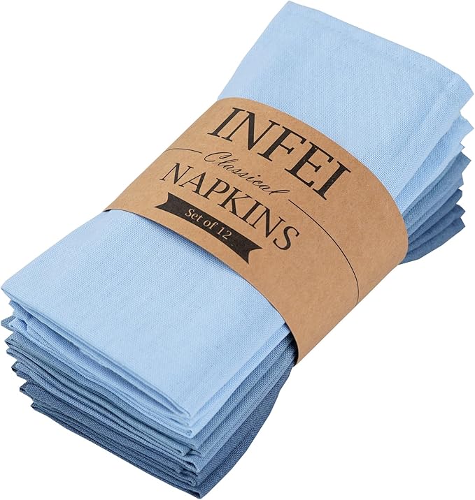 Solid Color Linen Blended Thin Dinner Cloth Napkins - Set of 12 (40 x 40 cm) - for Events & Home Use (Multi Blue)