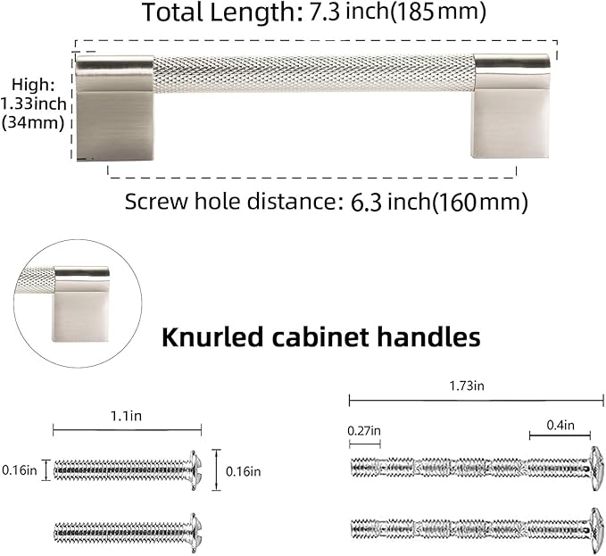 10 Pack 6-1/4 inch(160mm) Brushed Satin Nickel Kitchen Cabinet Handles Knurled Cabinet Pulls Drawer Pulls Kitchen Hardware