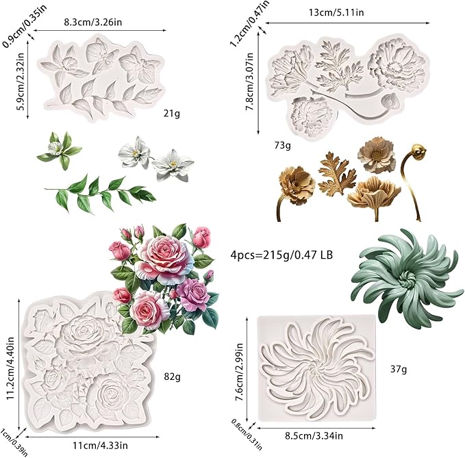 (Four-piece set) leaf flowers, floral, rose flowers, DIY silicone mold, cake chocolate mold wedding cake decoration tool soft cake mold