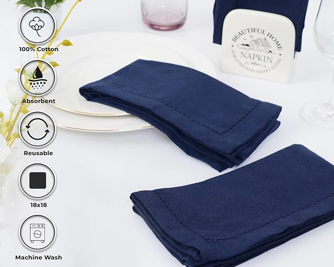Blue Needles Set of 6 Hemstitch Linen Napkins 100% Cotton Navy Blue Cloth Dinner Napkins 18x18 inches, Soft, Reusable, Absorbent, Washable, Ideal for Fall Thanksgiving Events, Parties & Everyday Use