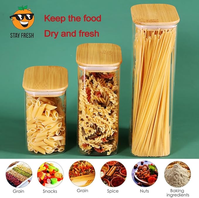 33OZ Airtight Glass Food Storage Containers with Lids - Set of 6 for Pantry, Cereal, Flour & Rice Dispensing - Rectangle Shapes with Bamboo Lids - Ideal for Kitchen Organization & Meal Prep