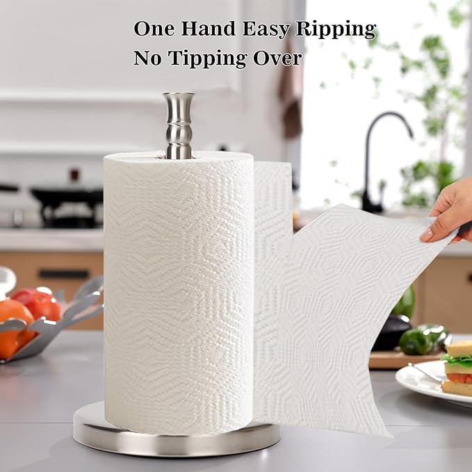 Paper Towel Holder Countertop, Standing Paper Towel Roll Holder for Kitchen Bathroom, with Weighted Base for One-Handed Operation, No Wobbly (Brushed Nickel)