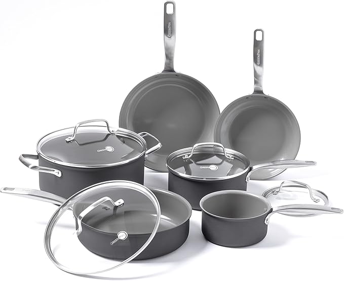 GreenPan Chatham Hard Anodized Healthy Ceramic Nonstick 10 Piece Cookware Pots and Pans Set, Frying Pan Skillets, Saucepans, Saute Pan, Stockpot, Lids, PFAS-Free, Dishwasher & Oven Safe, Gray