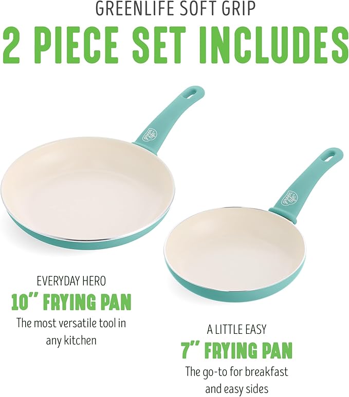 GreenLife Non Stick Fry Pan Set (7" & 10"), Non-Toxic PFAS-Free Ceramic Skillets, Dishwasher & Oven Safe, Egg Omelet Frying Pans, Stay- Cool Handles, Kitchen Home Cooking Essentials, Turquoise
