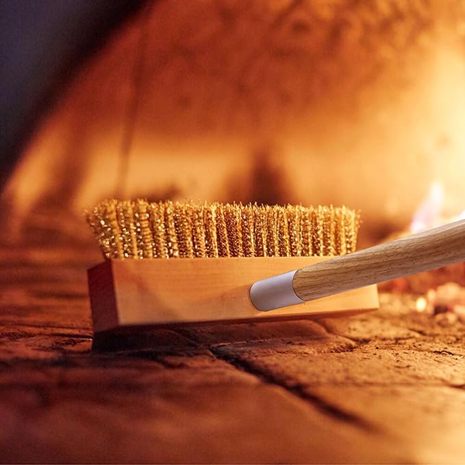 Pizza Oven Brush 41-Inch Long Wood Handle Brass Bristles with Steel Scraper, Outdoor Pizza Oven Accessories