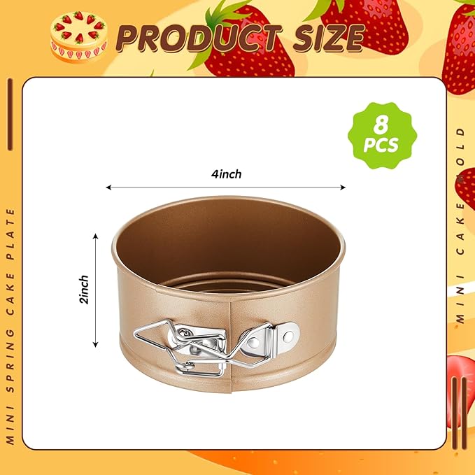 Sunnyray 8 Pcs 4 Inch Springform Pan for Baking Mini Cheesecake Pans with Removable Bottom Nonstick Leakproof Round Cake Mold Spring Form Molds for Mini Cheesecake Pizza and Quiches (Gold)