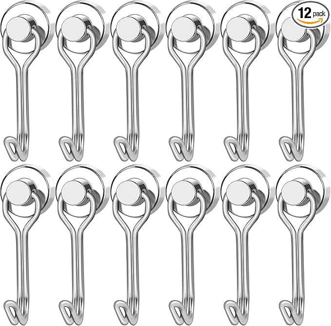 LOVIMAG Hooks, 30lbs+ Magnetic Magnet Hook 2025 Cruise Cabin Ship Essentials Heavy Duty Strong Refrigerator Fridge Hanging for Classroom Beach Vacation Kitchen Grills Home Mug Hanger (12 Pack), Silver
