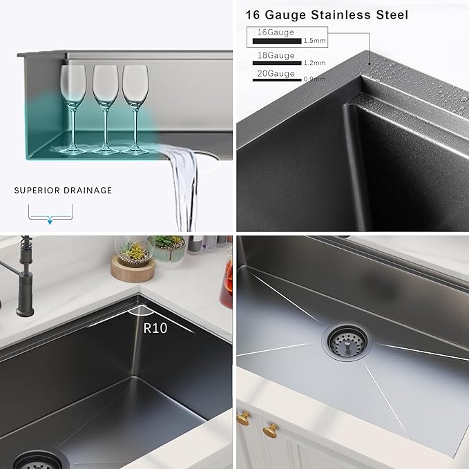 33 inch Gunmetal Black Undermount Kitchen Sink, Hausinluck Stainless Steel Undermount Workstation Sink 16 Gauge, Handmade Single Bowl Kitchen Sink with Ledge and Accessories (Pack of 5)