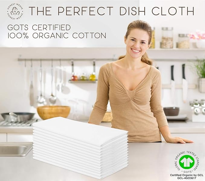 GOTS Certified 100% Organic Flour Sack Cotton Kitchen Hand and Dish Towel Sets - Extra Large 27x27 inches, Fully Hemmed, 12-Pack, Natural Tan