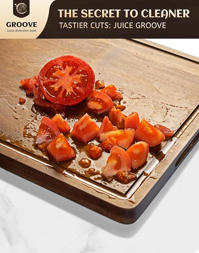 Large Acacia Wood Cutting Board for Kitchen, 17x12 Inch Reversible Wooden Chopping Board Charcuterie Board with Juice Grooves and Handle for Meat, Cheese, Vegetables, Fruits, Bread