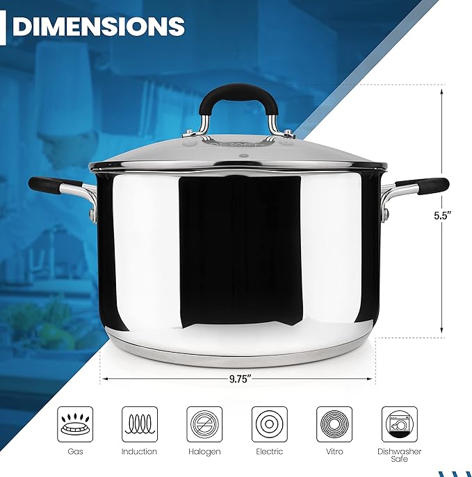 AVACRAFT Stainless Steel Stockpot with Glass Strainer Lid, 6 Quart Stock Pot, Soup & Saucepan Cookware, Side Spouts, Multipurpose, Induction Pan, (5-Ply Capsule Bottom, 6QT)