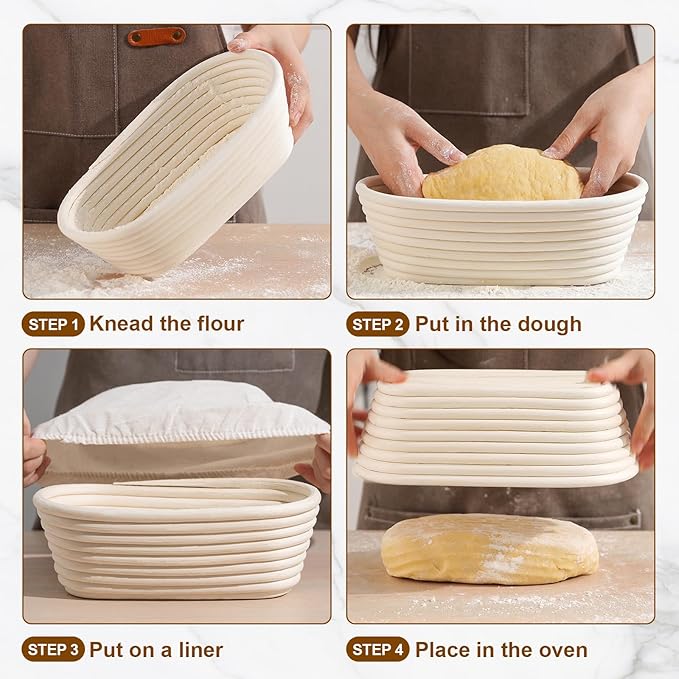 10 Inch Bread Banneton Proofing Basket Set of 4 Oval Sourdough Bread Baking Supplies Rattan Banneton Dough Proofing Bowls with Liners Sourdough Starter Kit for Home Dough Making and Baking