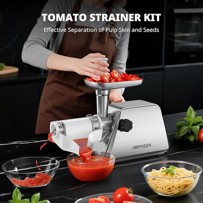 AIRMSEN Electric Meat Grinder & Tomato Sauce Press Maker with Strainer - Heavy Duty Food Mill Machine for Grinding Meat, Making Tomato Sauce, Sausage, Kibbeh for Home Kitchen Use