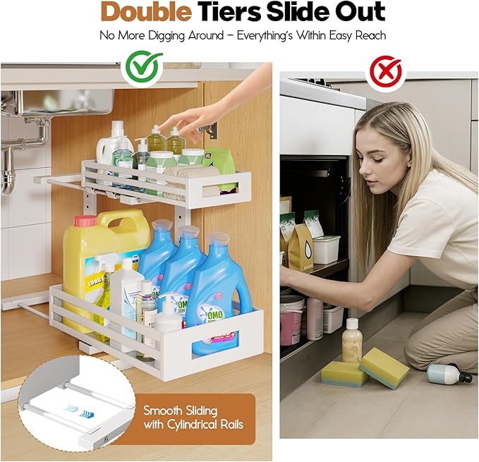 2-Pack Under Sink Organizers and Storage,2-Tier L Shape Pull Out Cabinet Organizer With Round Tube Slide Rails,Hight Adjustable Slide Out Drawers for Kitchen&Bathroom,Multi-Purpose Storage Shelf-White