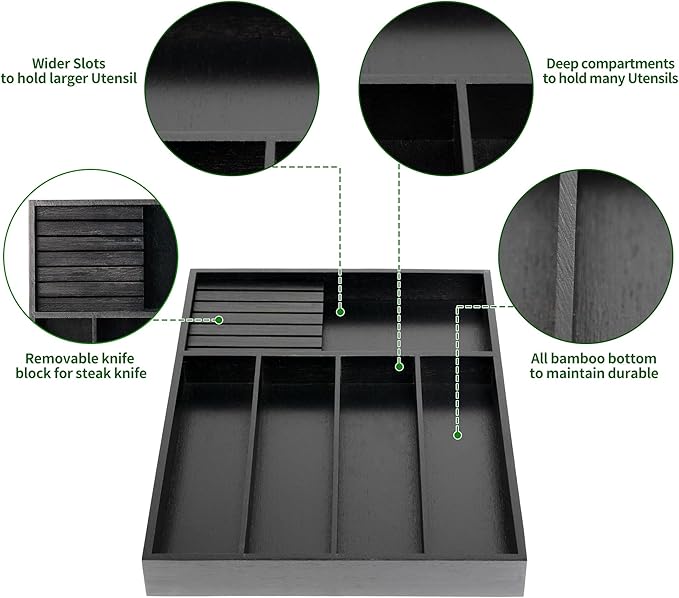 VaeFae Bamboo Silverware Organizer, Utensil Holder for Drawer, Wooden Cutlery Tray with Divider for Kitchen Drawer, Utensil Organizer with Knife Block（Black）