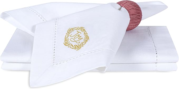 Bedding Craft Cotton Cloth Dinner Napkins Set of 12 – 18x18 White with Gold Embroidery – Reusable Machine Washable Fabric Napkins for Weddings, Parties & Everyday Dining