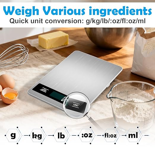 Food Scale Grams and Ounces - Digital Kitchen Scale 33lb/15kg, 1g/0.1oz Accuracy, Stainless Steel, Lightweight, with Batteries, for Cooking, Baking, Meal Prep