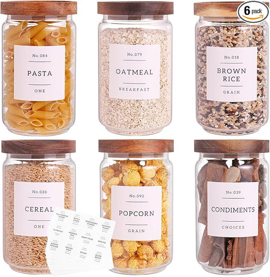 6 Set Glass Pantry Storage Jars with Acacia Airtight Lid - 23oz Thicken Glass Kitchen Canisters with 132 Pantry Labels - Clear Glass Food Storage Containers with Wood Lid for Tea,Sugar,Cookie,Coffee