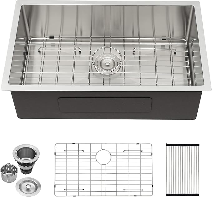 Lordear 28 Kitchen Sink Undermount 16 Gauge Stainless Steel Single Bowl Under Counter Handmade Kitchen Sink Basin, 28"x18"x10"