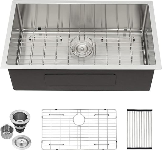 Lordear 28 Kitchen Sink Undermount 16 Gauge Stainless Steel Single Bowl Under Counter Handmade Kitchen Sink Basin, 28"x18"x10"
