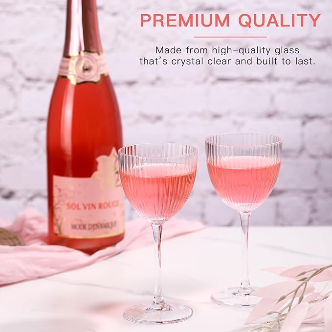 Nick and Nora Cocktail Glasses - Coupe Glasses Set of 4, Vintage Ribbed Martini Glassware, Crystal Cordial Cups for Whiskey, Gin, Vodka, Champagne, Women Gifts, 5 Oz