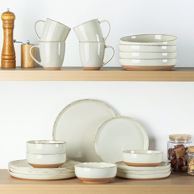AmorArc 18 Pieces Ceramic Dinnerware Sets for 6, Handpainted Stoneware Plates and Bowls Set with Rustic Terracotta Underside, Scratch Resistant Dishes Set, Dishwasher & Microwave Safe