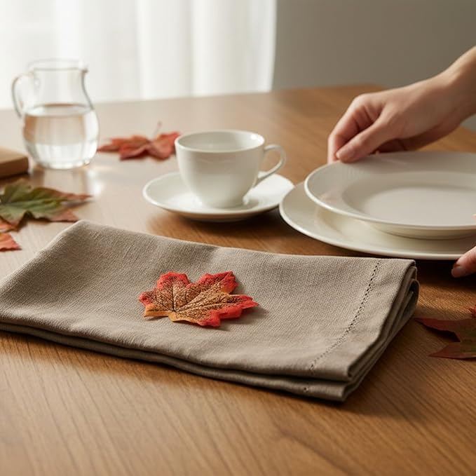 Hemstitched Linen Napkins – 20 Inch x 20 Inch – Stonewashed Pure Linen Cloth Dinner Napkins with Mitered Corners - 100% French Flax – Machine Washable - Set of 4 (Natural Rustic Taupe)