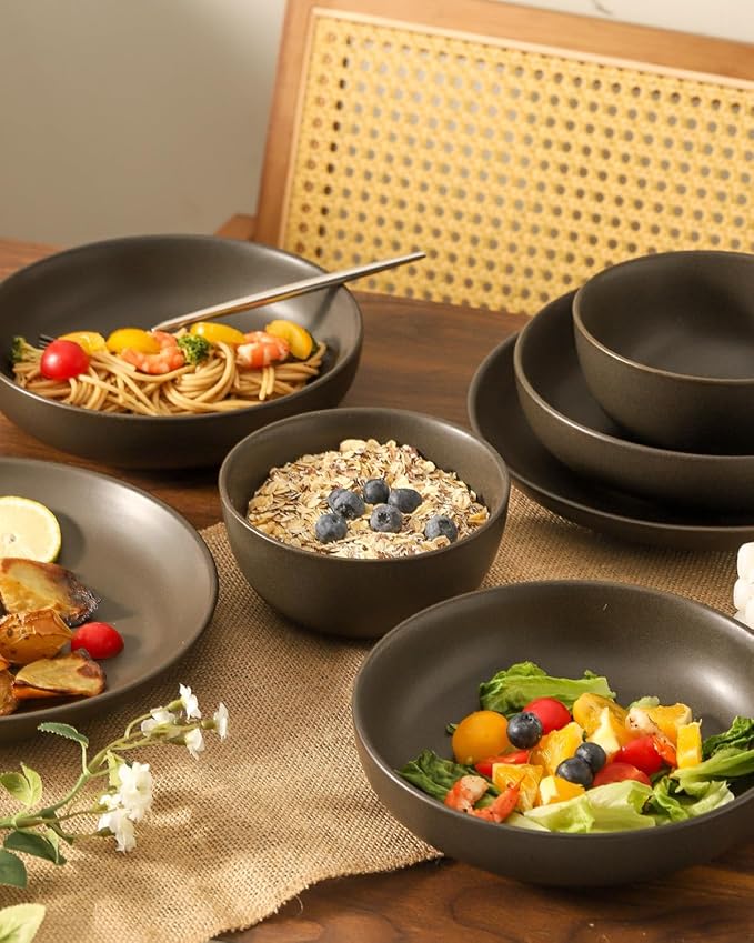 Dinnerware Sets, Stoneware Plates and Bowls Sets, Farmhouse 12 Piece Dish Set for 4, Ceramic Plates Set for Kitchen, Scratch Resistant, Dishwasher & Microwave Safe, Matte Black