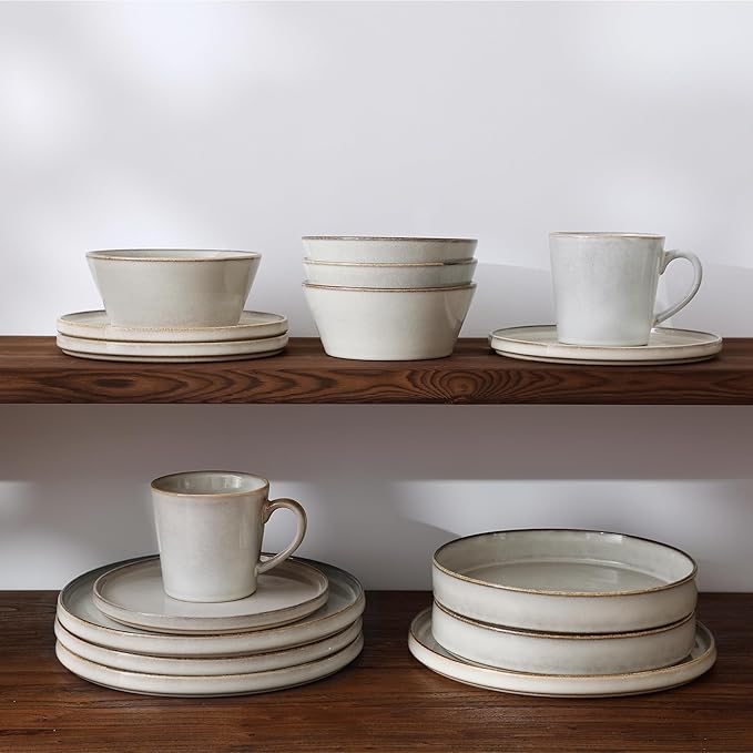 Famiware Annecy Dinner Plates and Bowls Sets, Stoneware Dinnerware Sets, Dishes Set for 6, 18 Pieces Handmade Dishware Set - Microwave & Dishwasher Safe, Double Reactive Glaze Tableware, Grey-White