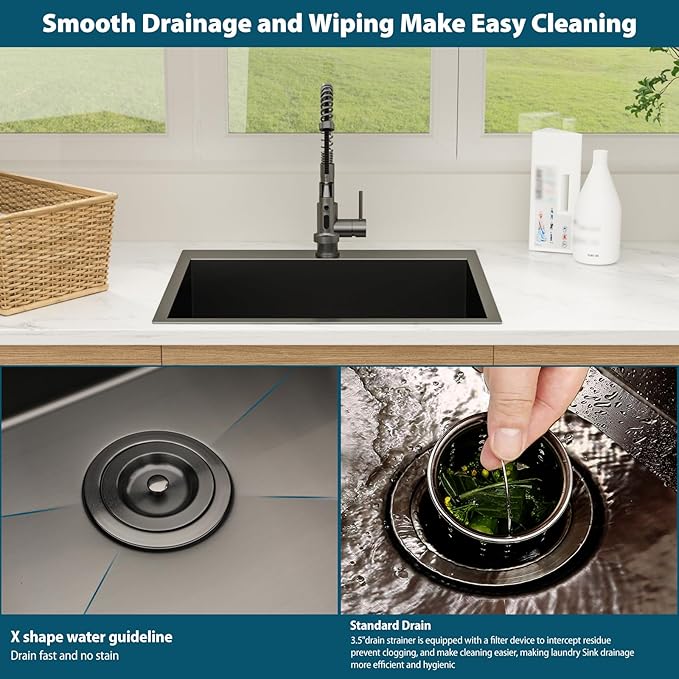 25 Inch Deep Drop In Laundry Sink - Ghomeg 25x22x13 Inch Black Laundry Utility Sink Drop In Topmount Single Bowl 16 Gauge Stainless Steel Above Counter Kitchen Laundry Room Sinks