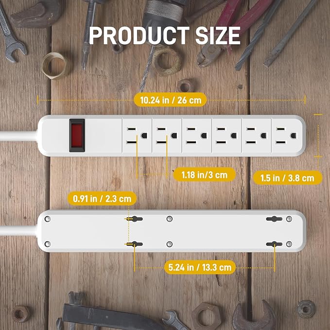 2-Pack Wall-Mountable Power Strip with 6 Outlets, Overload Protection Switch, 14 Gauge 1.5FT Cord, ETL Listed, Slim Design for Narrow Spaces, 15A/125V/1875W, Ideal for Home, Office, Kitchen, Travel