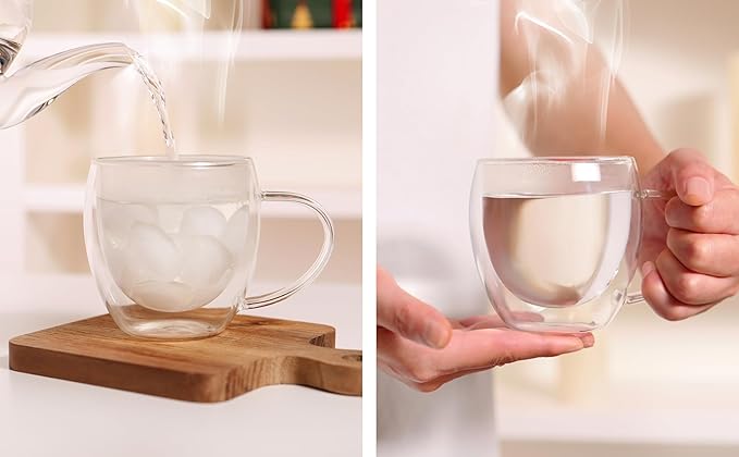 CNGLASS Double Walled Glass Coffee Mugs with Handle,12oz Insulated Glass Mugs with Handle,Clear Espresso Cups for Latte,Cappuccino,Tea Bag,Set of 2