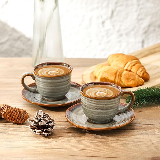 Ceramic Espresso Cups with Saucers 8 Oz,Set of 4 Cappuccino Mug with Handle for Coffee,Tea,Latte and Macchiato,Porcelain Demitasse Cups Set for Kitchen and Cafe,Christmas Gift,Brown