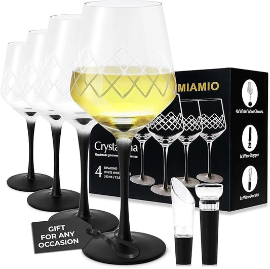 MIAMIO Premium Crystal Wine Glasses, Set of 4 with Black Long Stem, Unique Crystaluna Collection