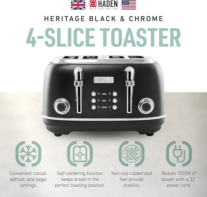 Haden Heritage 4 Slice Wide Slot Stainless Steel Toaster with Adjustable Browning Control & Non-Slip Feet, Black & Chrome